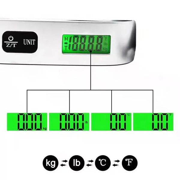 Portable digitale Hängewaage, die Gewichtsmessungen in Kilogramm und Pfund anzeigt.