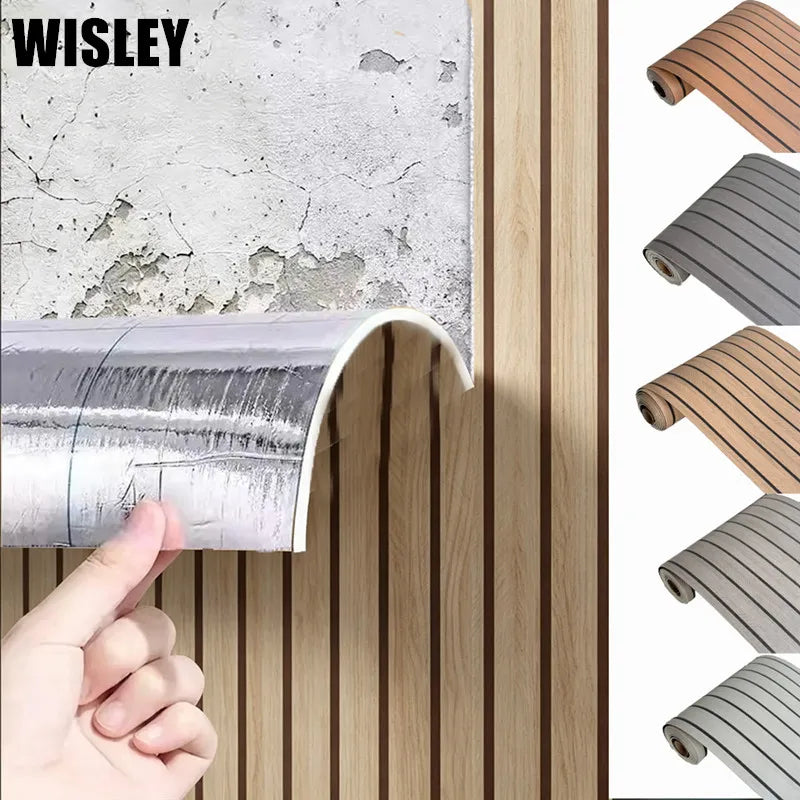 Close-up of a self-adhesive wood grain wall panel showing the texture and edge profile.