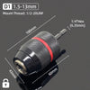 A close-up view of a D1 1.5-13mm mount thread drill chuck adapter with a 1/4" hex size and mounting details.