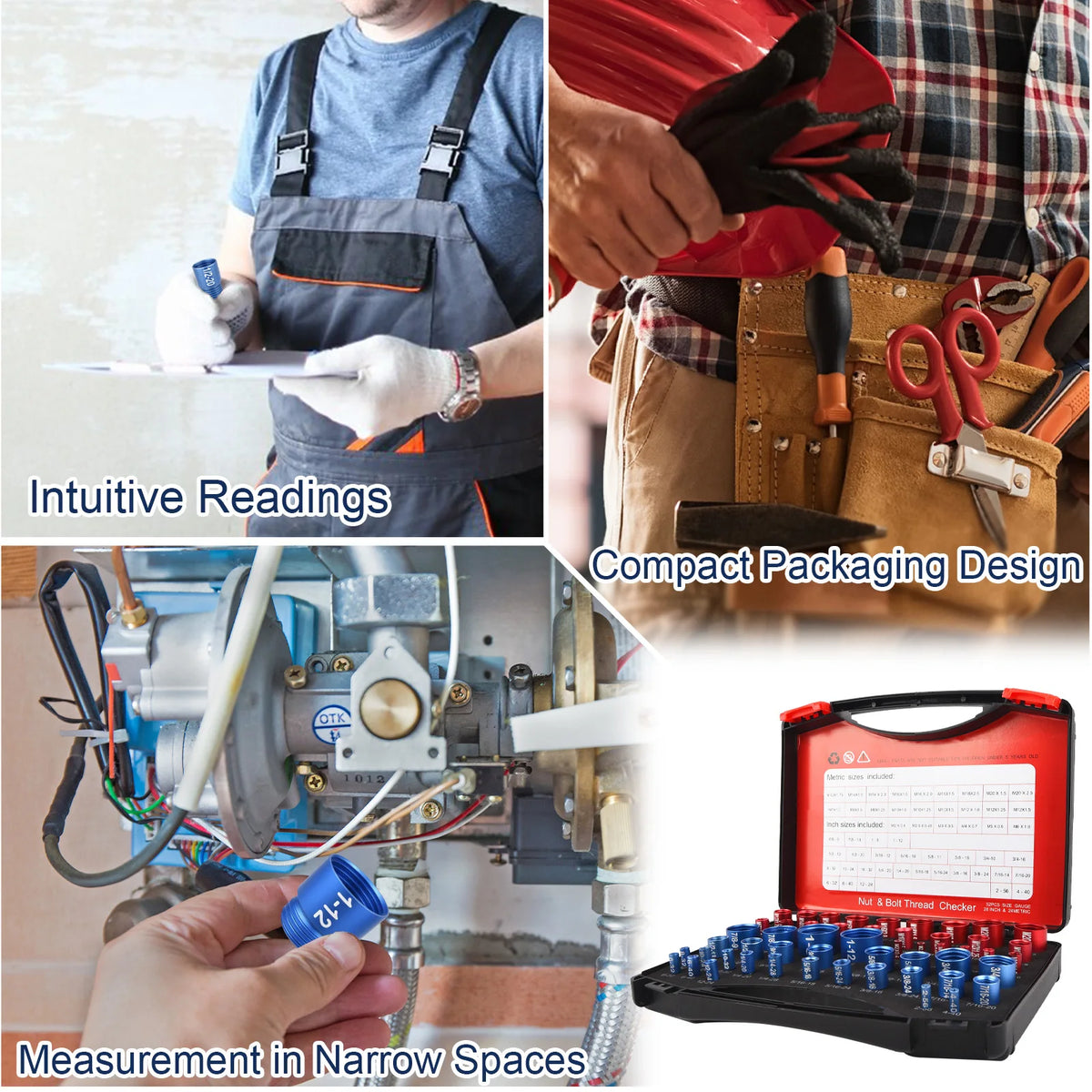 A collection of tools and accessories demonstrating intuitive readings, compact packaging design, and measurement in narrow s