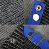 Close-up view of blue fabric and stainless steel hardware used for safety gloves