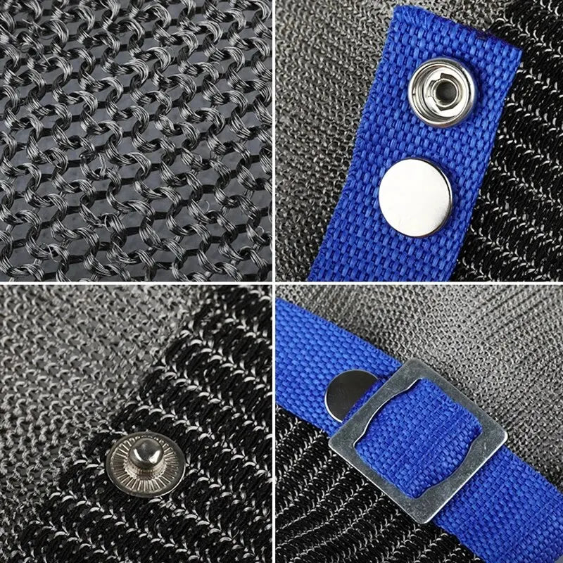 Close-up view of blue fabric and stainless steel hardware used for safety gloves