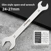 Silver slim style open-end wrench measuring 24-27mm with specifications listed.