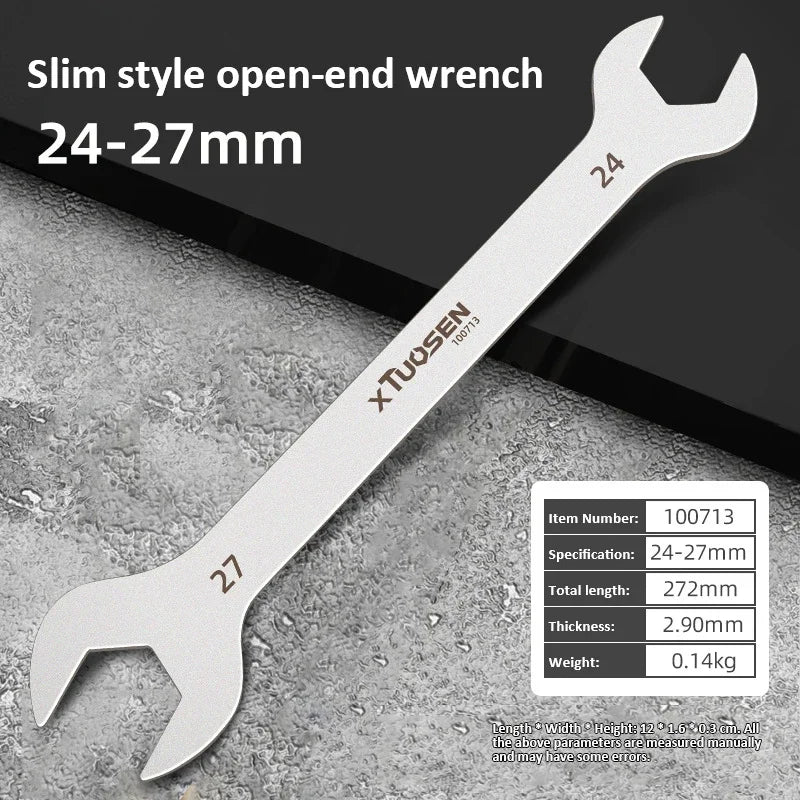 Silver slim style open-end wrench measuring 24-27mm with specifications listed.