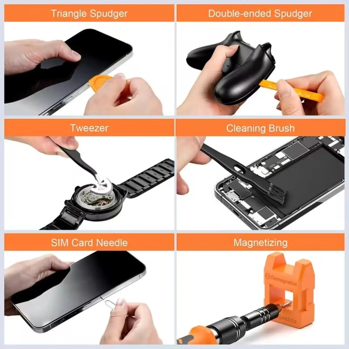 A set of precision screwdrivers and tools used for repairing electronic devices like smartphones.