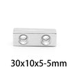 Silver rectangular neodymium magnet with four circular holes
