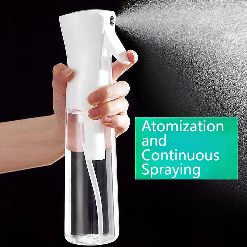 A hand is holding a clear bottle with a white pump dispenser, demonstrating atomization and continuous spraying.