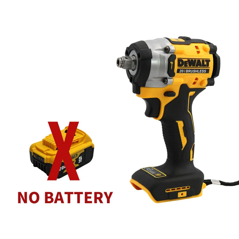 A yellow and black DEWALT cordless impact wrench tool is shown with a red X indicating no battery.