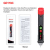 A red non-contact voltage tester pen with a black handle and a clear tip is shown next to its user manual and gift box.