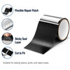 Roll of black flexible repair tape with a sticky seal layer shown next to diagrams detailing its features.