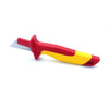 A red and yellow insulated electrician wire stripping and cutting tool with a metal blade.