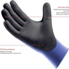 Primer plano de guantes de trabajo negros antideslizantes con puño azul, destacando el recubrimiento de PU y las característi