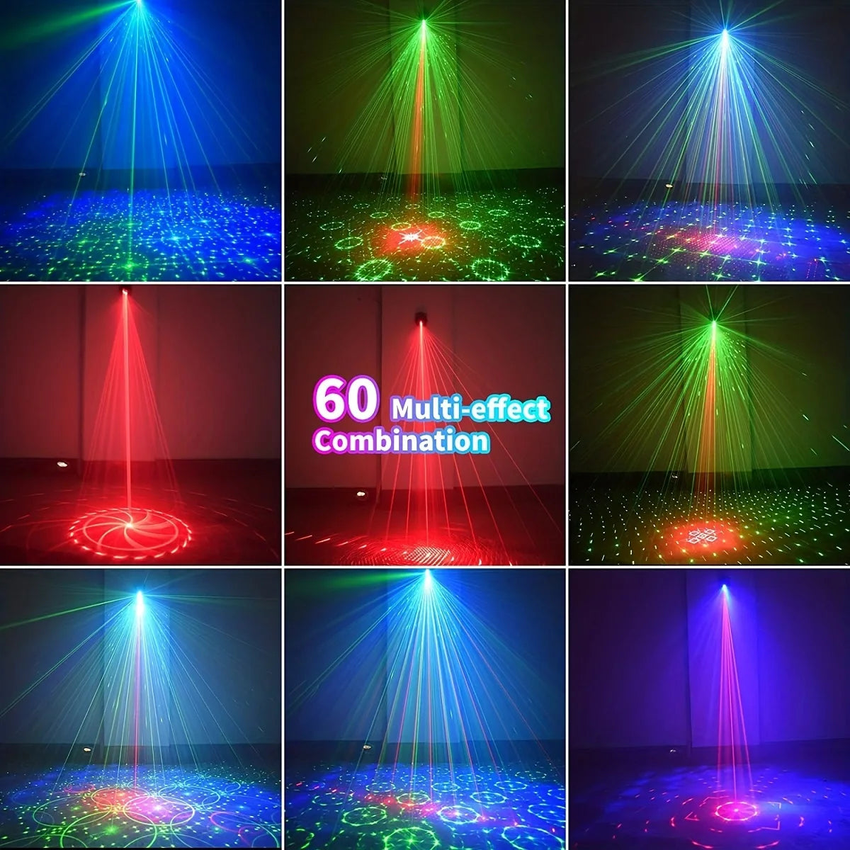 Une grille d'images montrant diverses combinaisons multi-effets et des faisceaux de lumières laser RGB.
