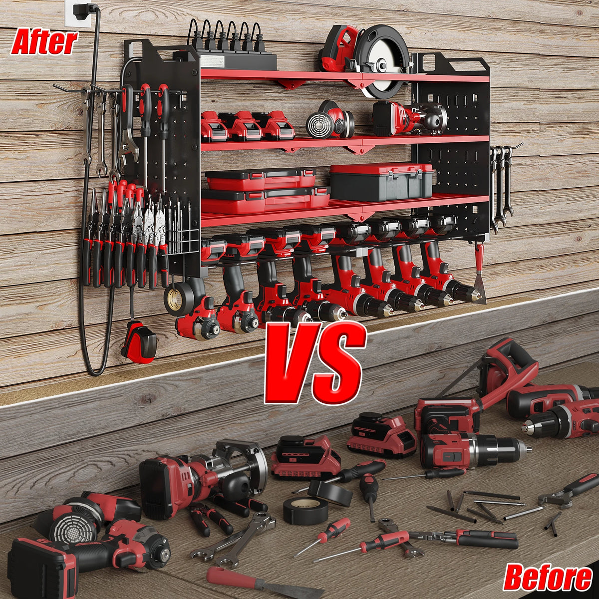 Before and after comparison of a power tool organizer showing tools stored in a rack versus loose tools.