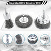 Upgraded wire brush set for drill featuring a hex shank, carbon steel wires, and reinforced plate joint.