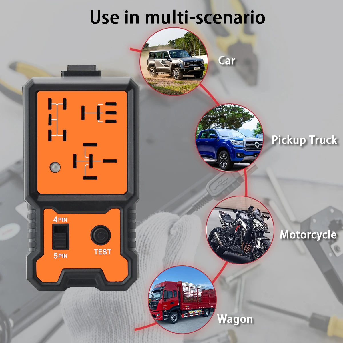 A compact automotive relay tester device shown with various vehicle types including a car, pickup truck, motorcycle, and wago