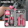 A 24 piece tool set in a gray box featuring pliers, a hammer, and various repair tools.