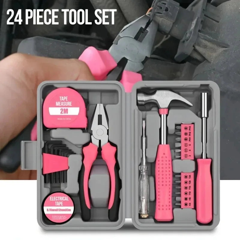 A 24 piece tool set in a gray box featuring pliers, a hammer, and various repair tools.