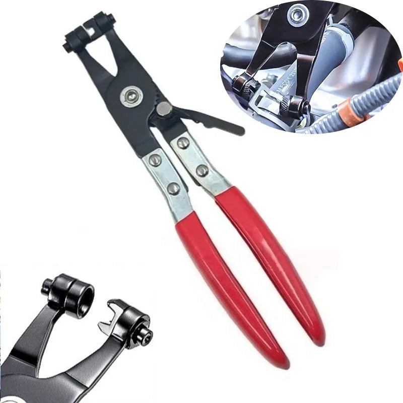 A set of professional hose clamp pliers and a specialized tool for auto repair.