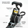 Close-up view of a black heavy duty retractable ratchet tie down strap with an ergonomic handle and safety clip.