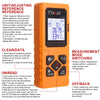 An orange laser distance meter unit showing a digital display and various function buttons.
