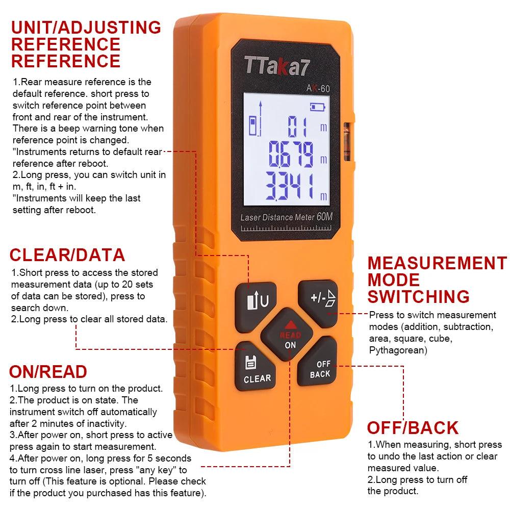 An orange laser distance meter unit showing a digital display and various function buttons.