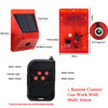 A red solar motion sensor security alarm unit and a black remote control with multiple mode buttons