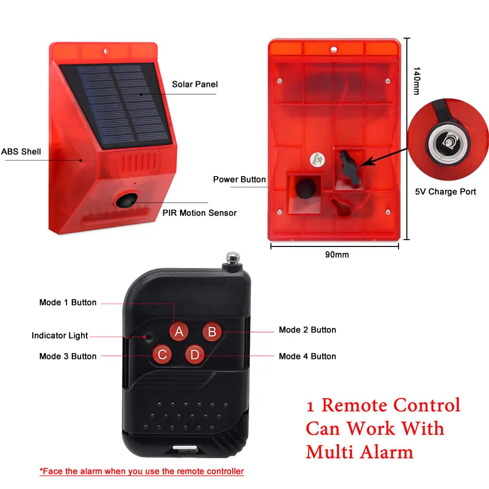 A red solar motion sensor security alarm unit and a black remote control with multiple mode buttons
