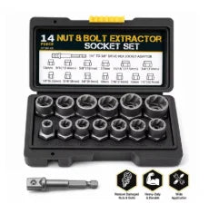 An open black case containing a 14 piece nut and bolt extractor socket set with various sized sockets and an impact driver.