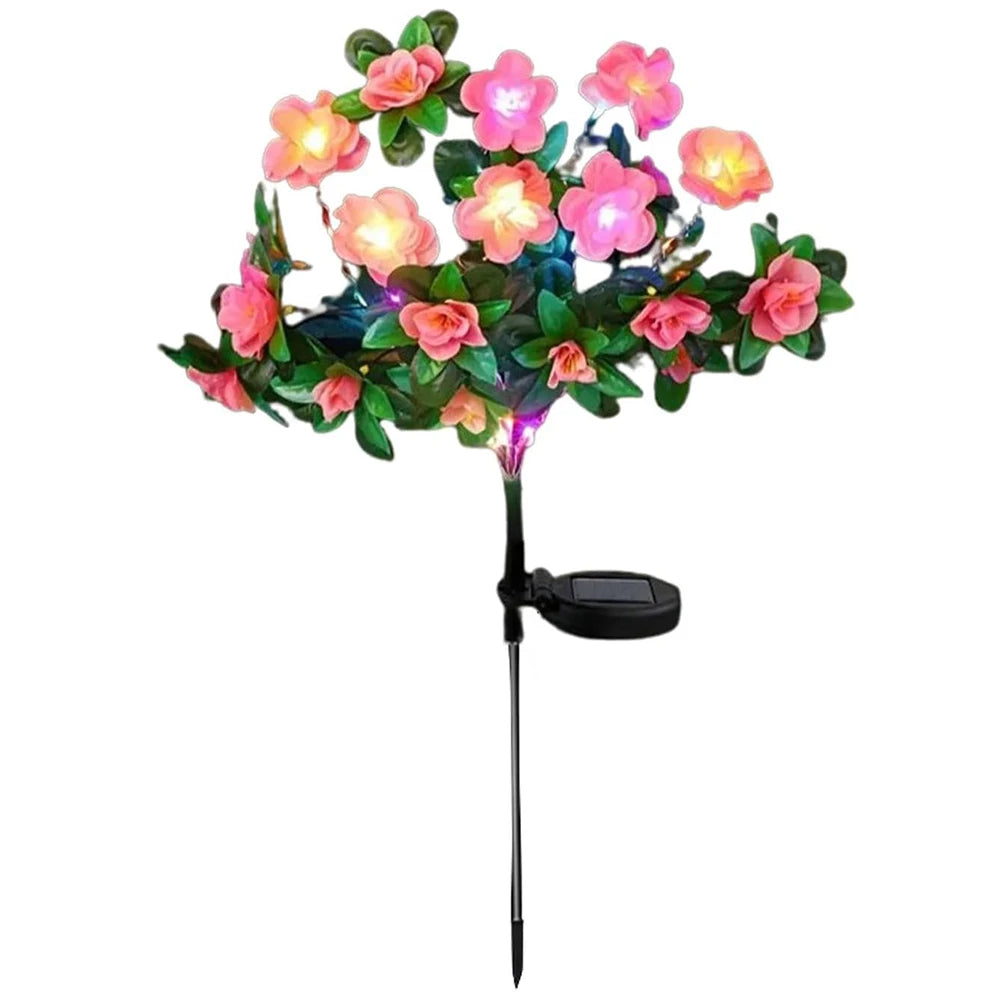 Solar LED azalea flowers with pink and orange blooms on a stake for outdoor garden decor