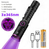 Linterna UV morada con punta magnética y accesorios mostrados junto al producto.