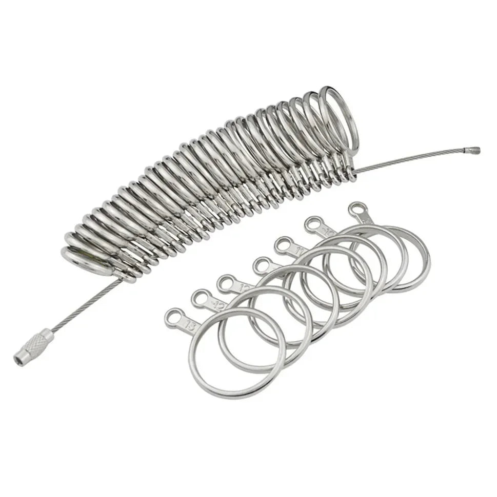 Precision stainless steel ring sizer gauge kit with a coiled spring and multiple rings