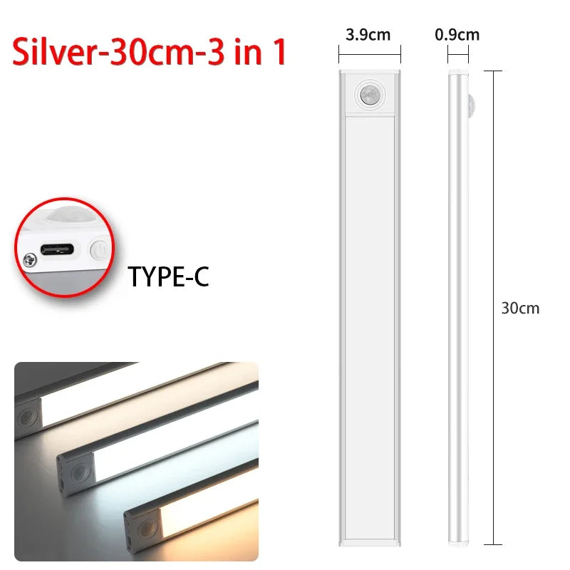Silver 30cm in 1 LED motion sensor under cabinet light with Type-C connection