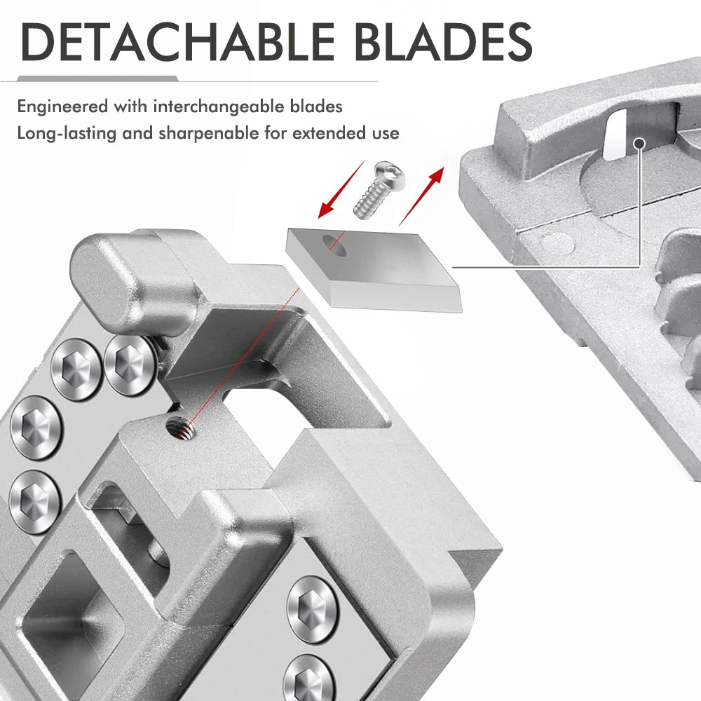 A close-up view of a detachable blade tool for deburring, showing the interchangeable blade and the main tool body.