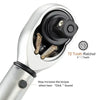 Close-up view of a silver precision torque wrench featuring a 72 tooth ratchet mechanism.