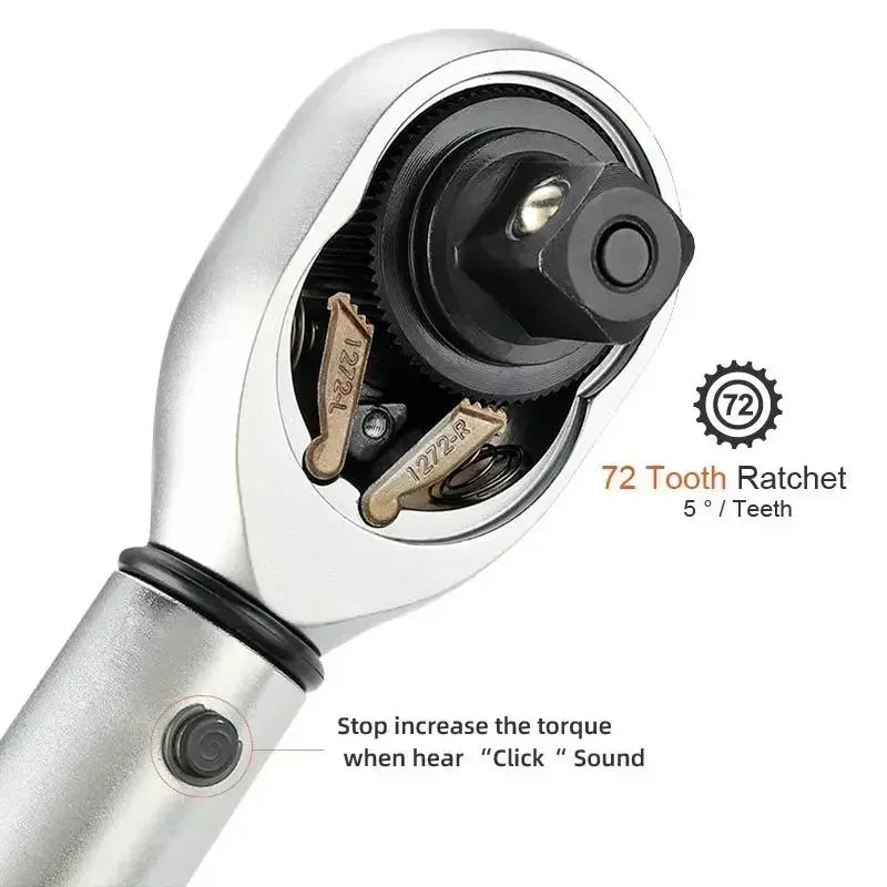 Close-up view of a silver precision torque wrench featuring a 72 tooth ratchet mechanism.