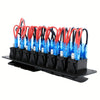 A black multi-group rocker switch panel with numerous red and blue electrical connectors for automotive and off-road lighting