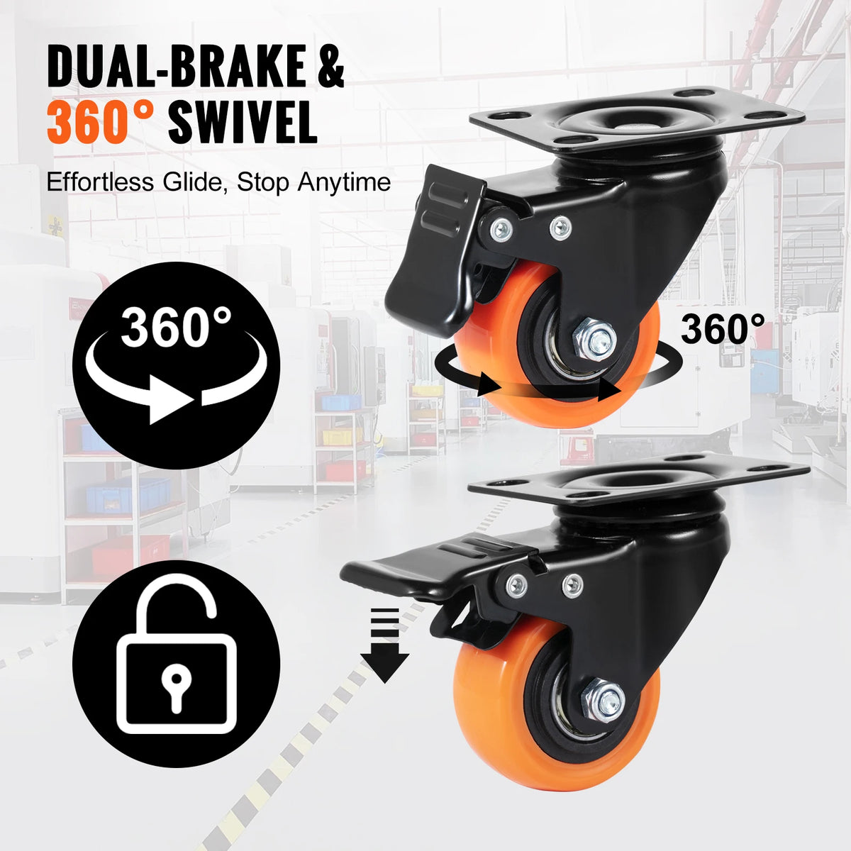 Ruedas giratorias de doble freno y 360° con ruedas naranjas para un deslizamiento fácil.