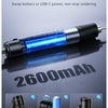 A blue cordless soldering iron with a visible battery and USB-C power connection, shown alongside instructions for battery re