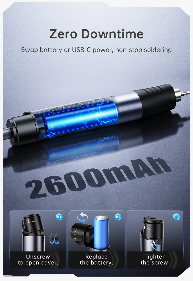 A blue cordless soldering iron with a visible battery and USB-C power connection, shown alongside instructions for battery re