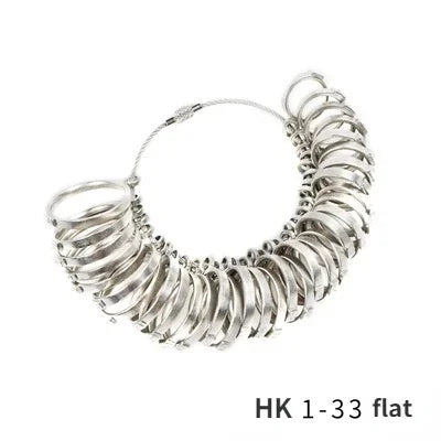 Silver precision metal ring sizer kit with multiple rings shown in a close-up view