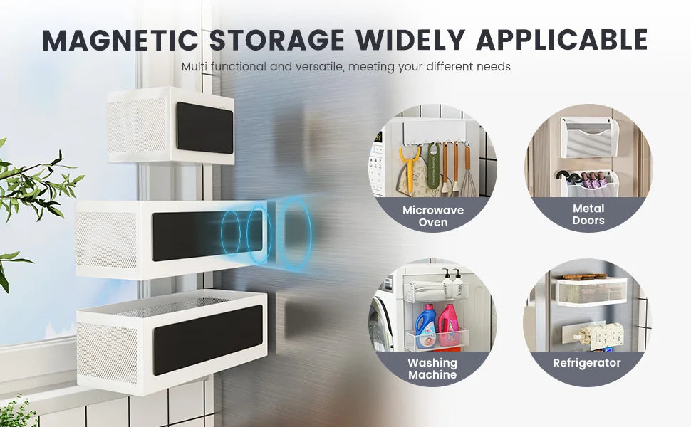 Magnetic storage racks for various appliances including microwave ovens, metal doors, washing machines, and refrigerators.