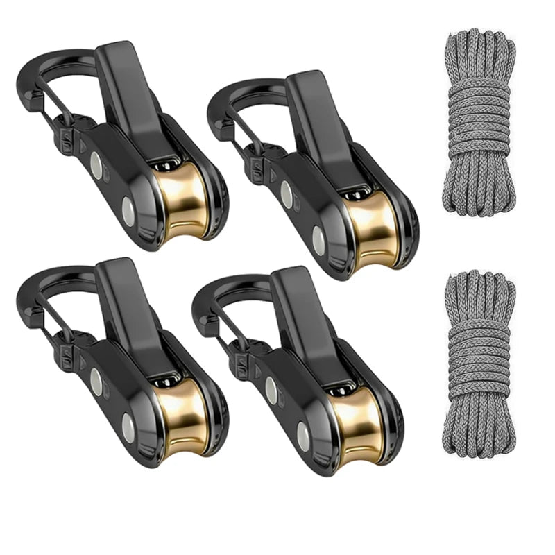 Set of black and gold retractable paracord rope fasteners and tensioners with a gray cord shown in various configurations
