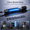 A blue cordless soldering iron with a battery, showing steps to unscrew the cover, replace the battery, and tighten the screw