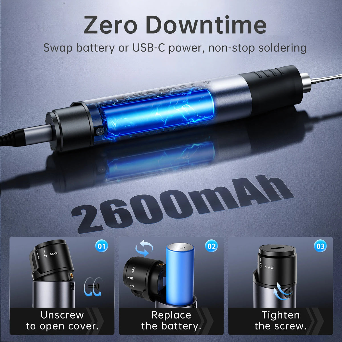 A blue cordless soldering iron with a battery, showing steps to unscrew the cover, replace the battery, and tighten the screw