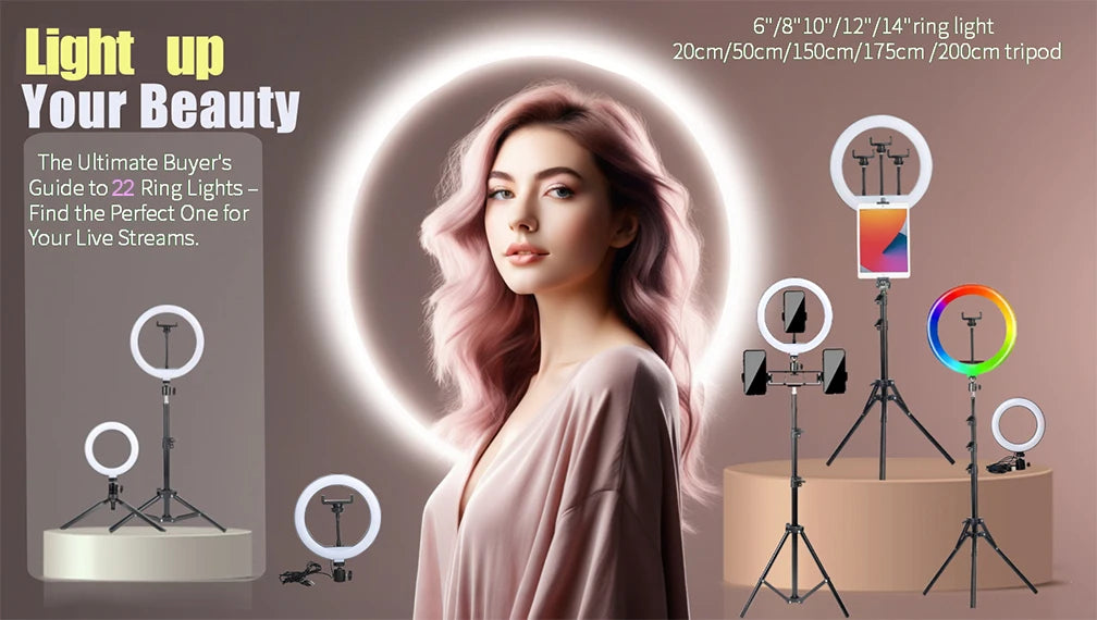 Una mujer junto a varias luces de anillo y trípodes profesionales para transmisiones en vivo de belleza.