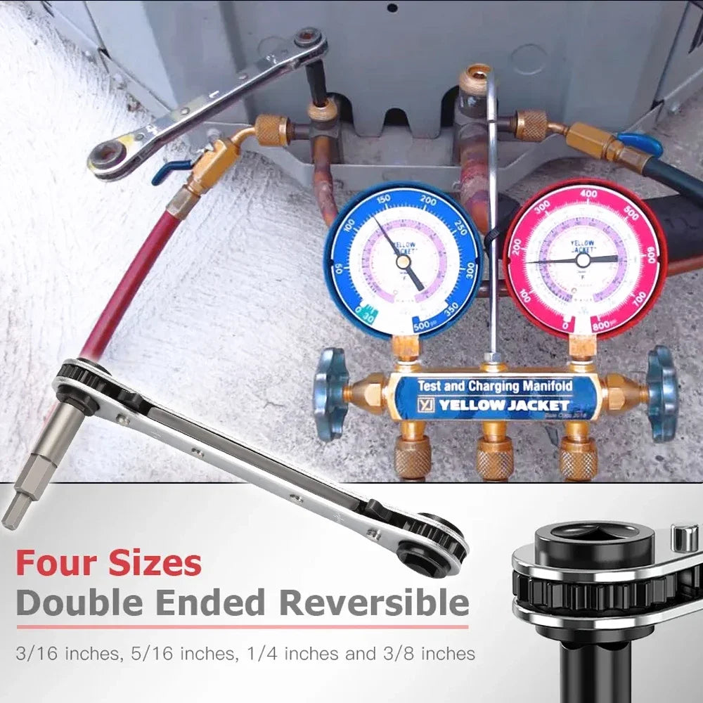A set of four multi-size double-ended reversible tools for refrigeration manifolds and connections.