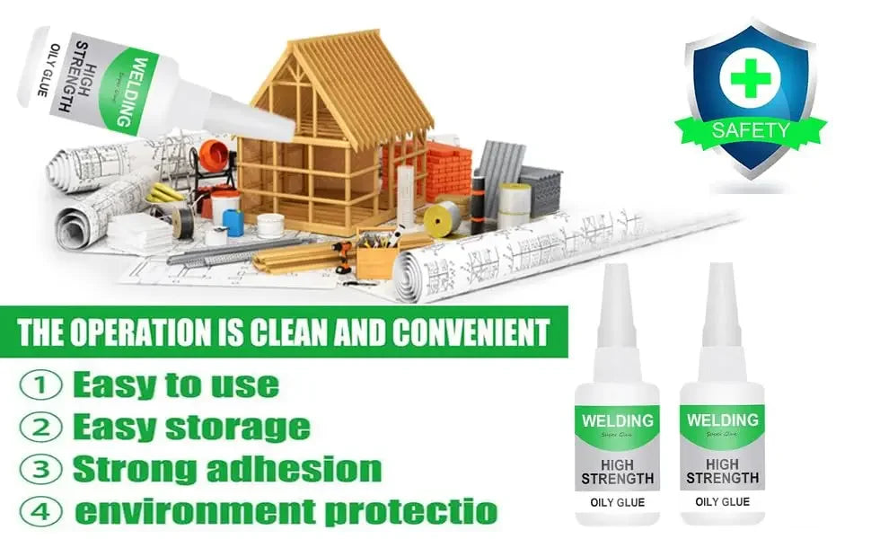 A set of instant high-strength oily glue and related tools, including a wooden structure and various adhesive products.