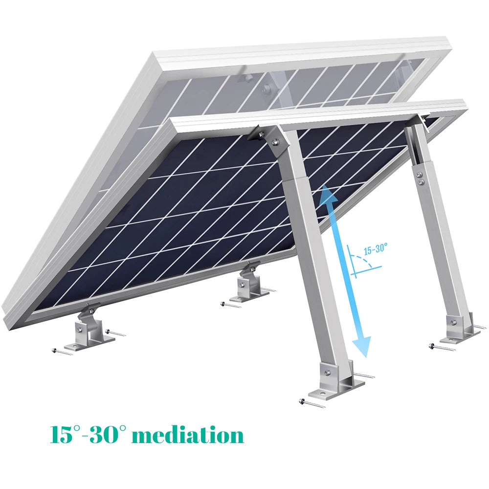 Adjustable solar panel mounting bracket showing a tilted panel with a 15-30 degree mediation angle.