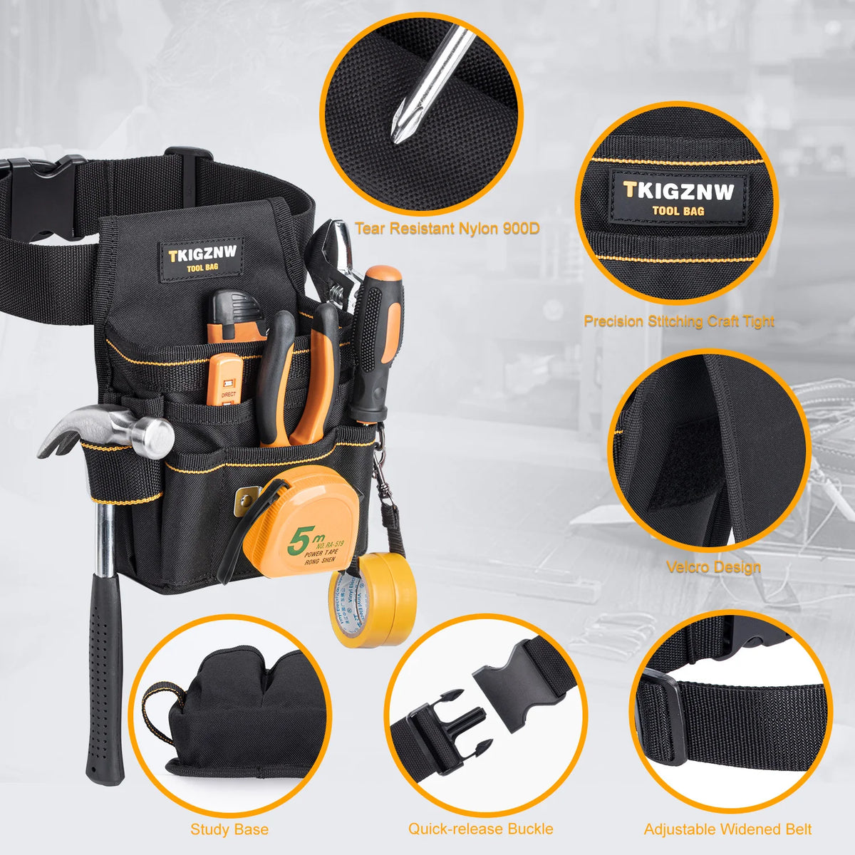 Black utility tool belt featuring a study base, quick-release buckle, and adjustable widened belt.
